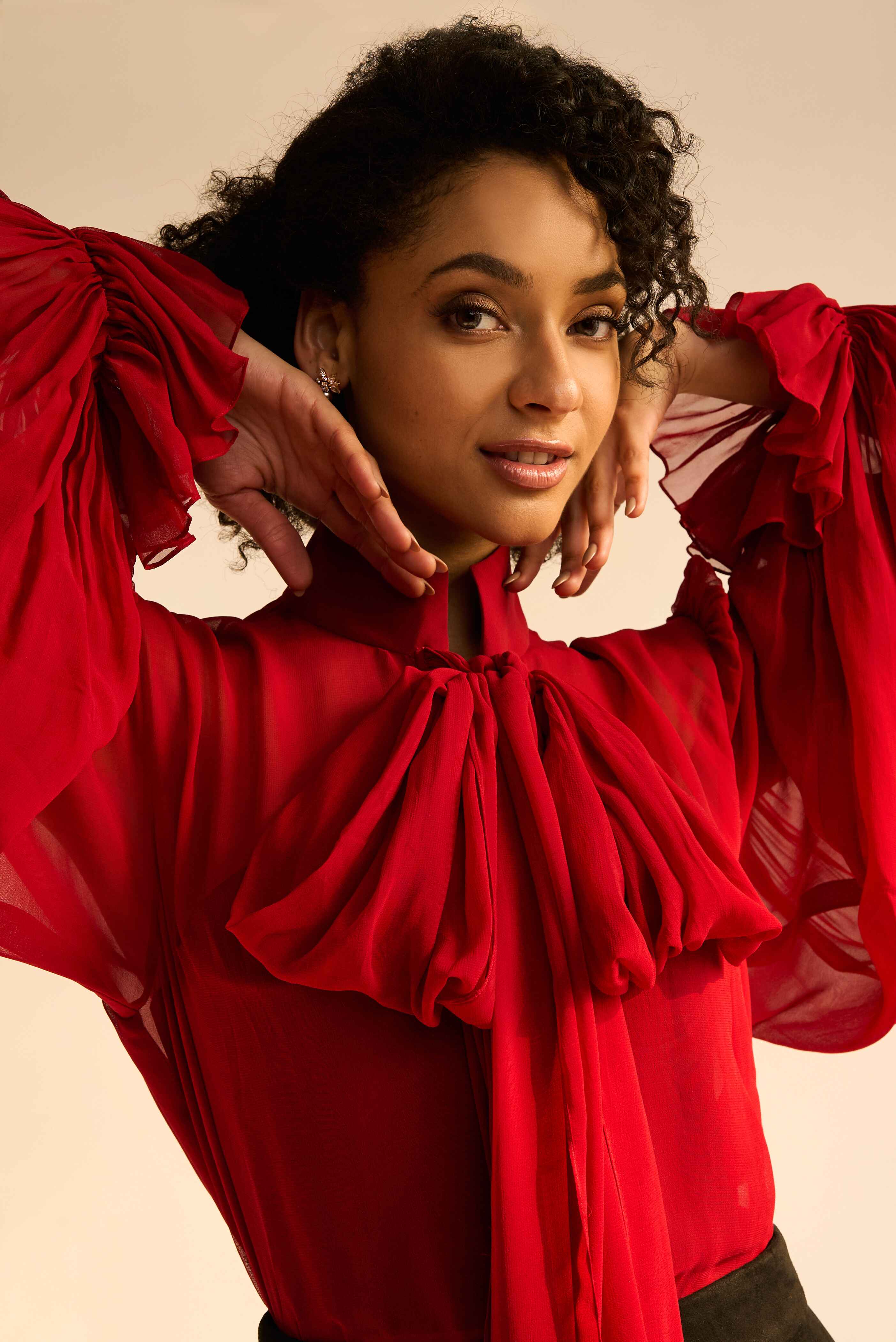 トップス meroir SHEER CHIFFON RIBBON BLOUSE Monroe Ruby Red Sheer Chiffon Top With Bow And Bishop Sleeves
