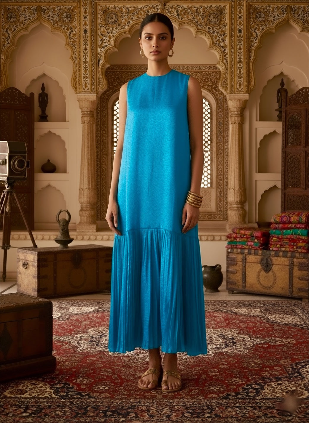 Firoza A-Line Pleated Satin Indian Traditional Blue Tunic Dress - Duchess Kumari Firoza A-Line Pleated Satin Indian Traditional Blue Tunic Dress - Duchess Kumari