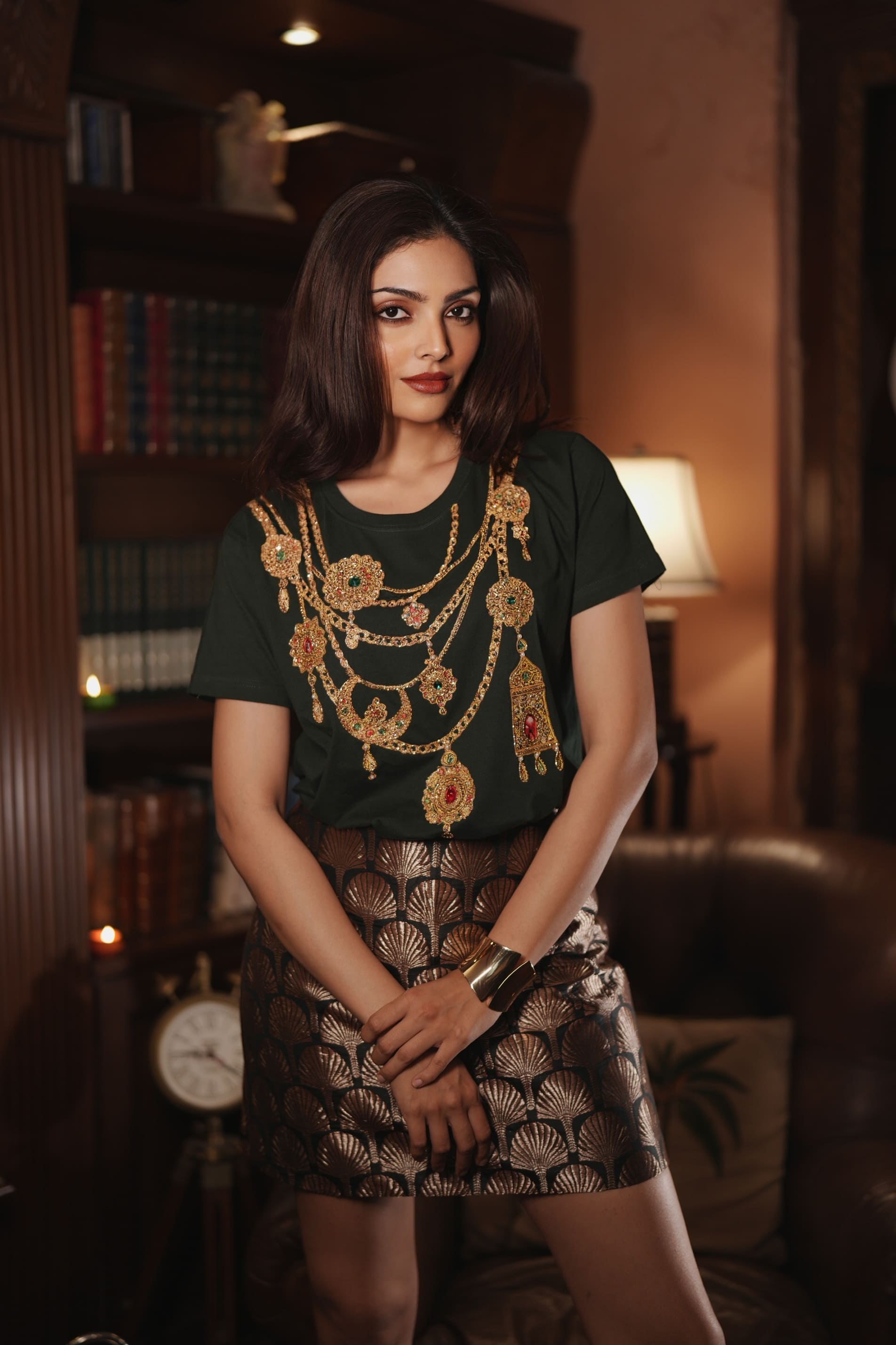 Women's DK Jewel Embroidered T-Shirt in Bottle Green and Gold with zari, beads, stonework