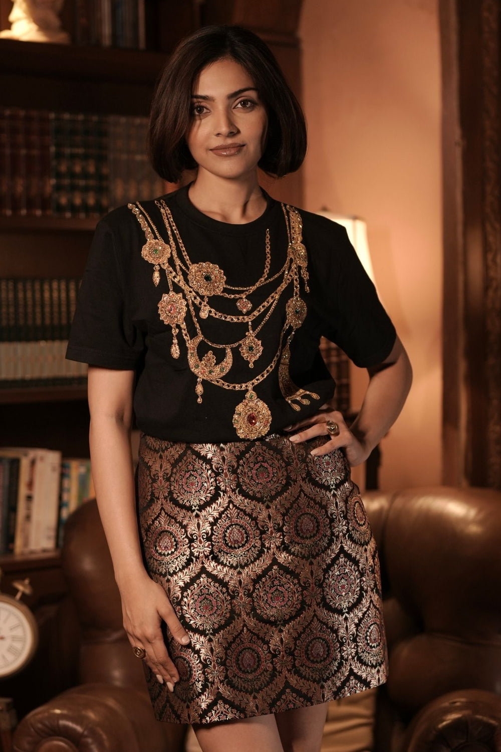 DK Jewel Embroidered T-Shirt With Baroque Brocade Mini Skirt Set