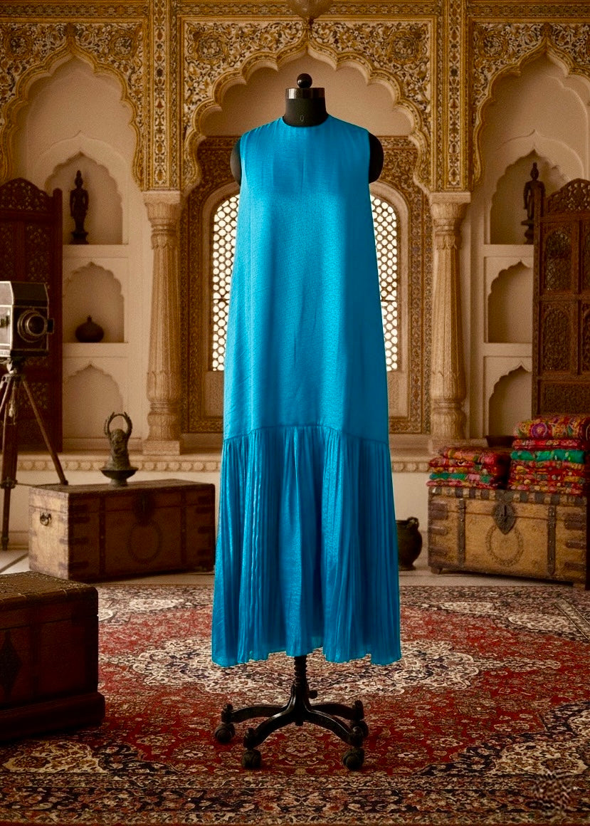 Firoza A-Line Pleated Satin Indian Traditional Blue Tunic Dress Blue / XS