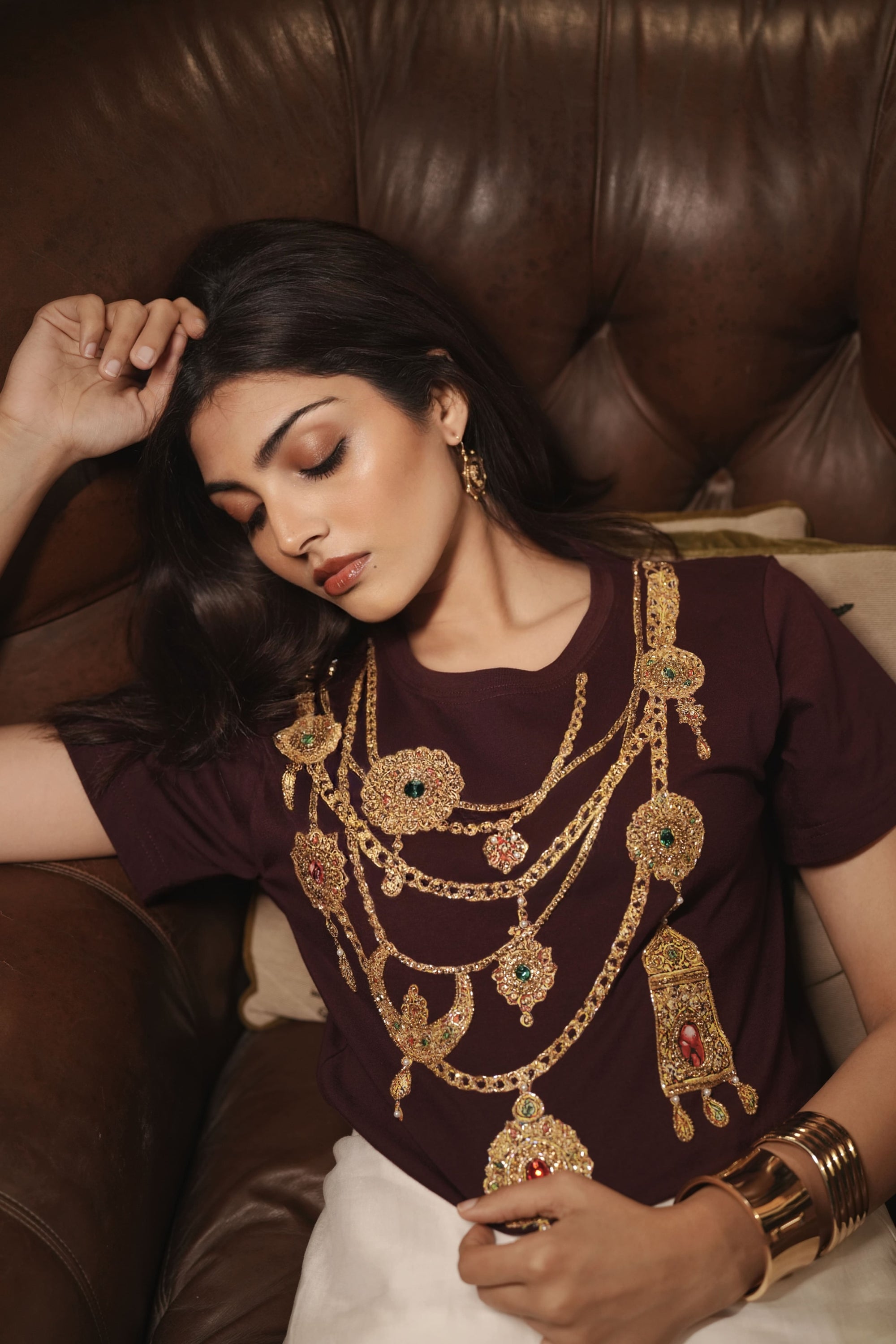 Women's DK Jewel Embroidered T-Shirt in Maroon and Gold with zari, beads, stonework