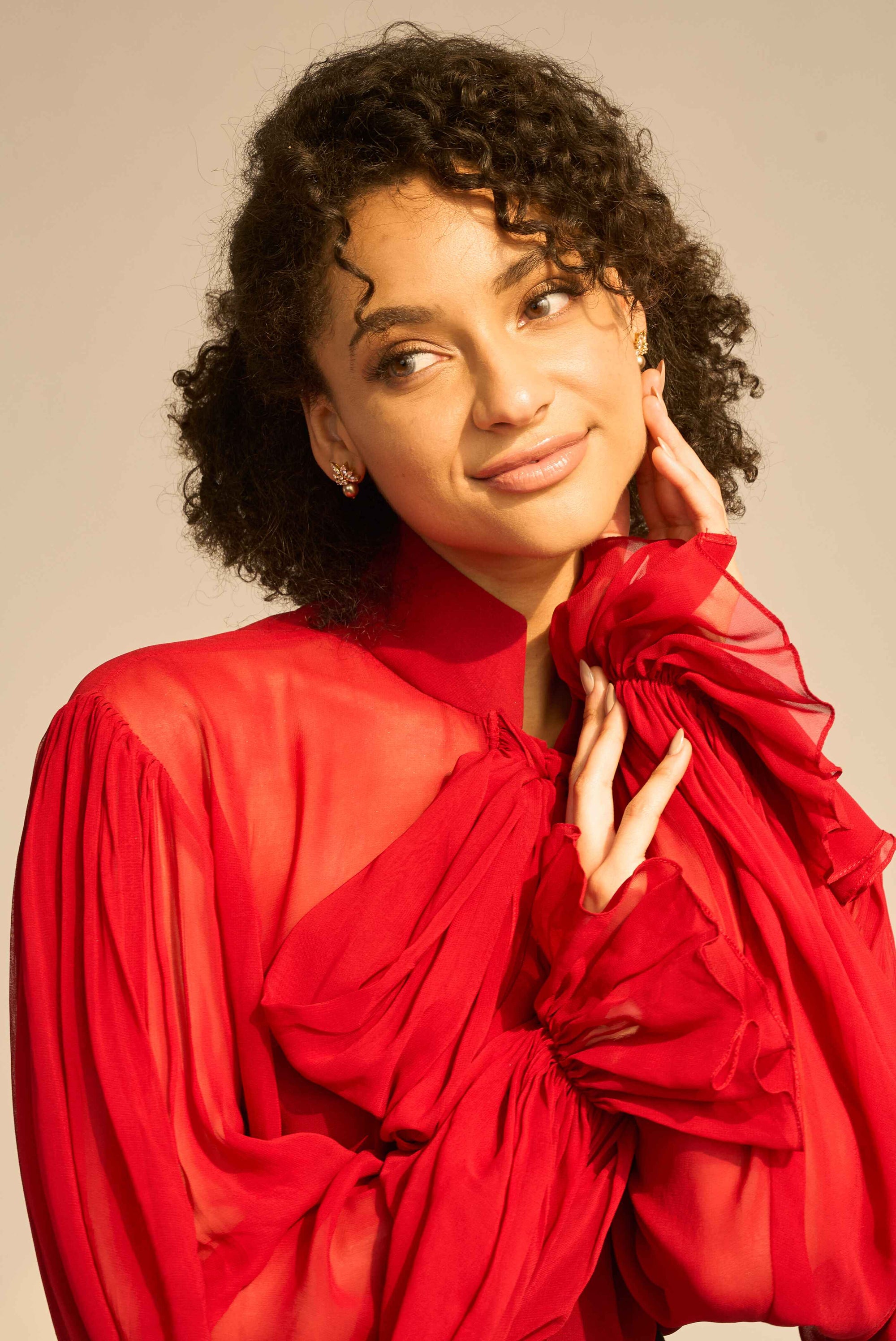 Red Designer Chiffon shirt tops for women with puff sleeves India