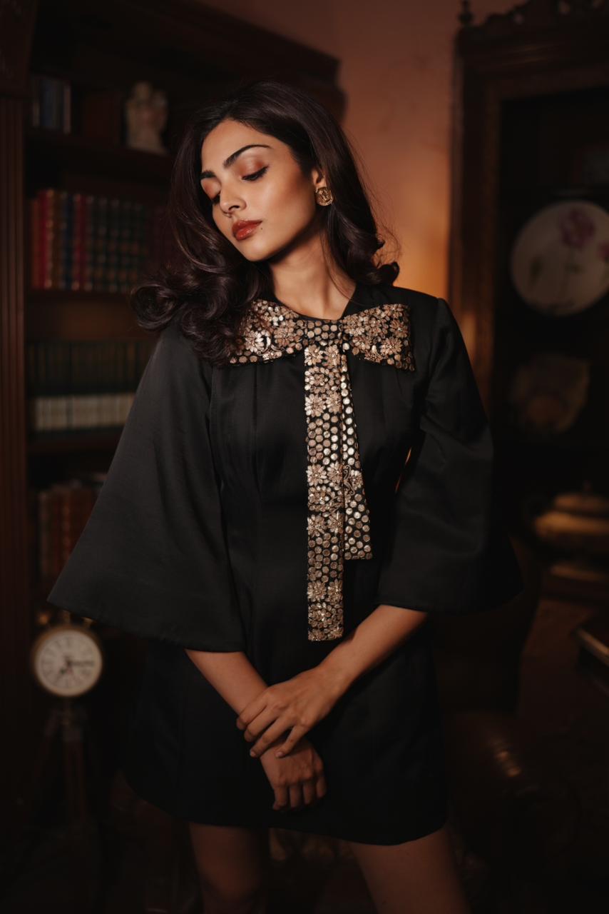 Elegant Black Mini Party Dress -Gilded Gota Bow - Duchess Kumari Elegant Black Mini Party Dress -Gilded Gota Bow - Duchess Kumari
