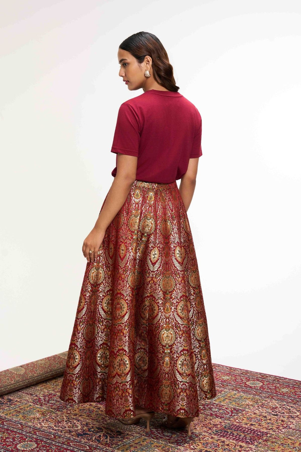 Red Rajkumari Brocade Royal Kinkhab Flared Skirt