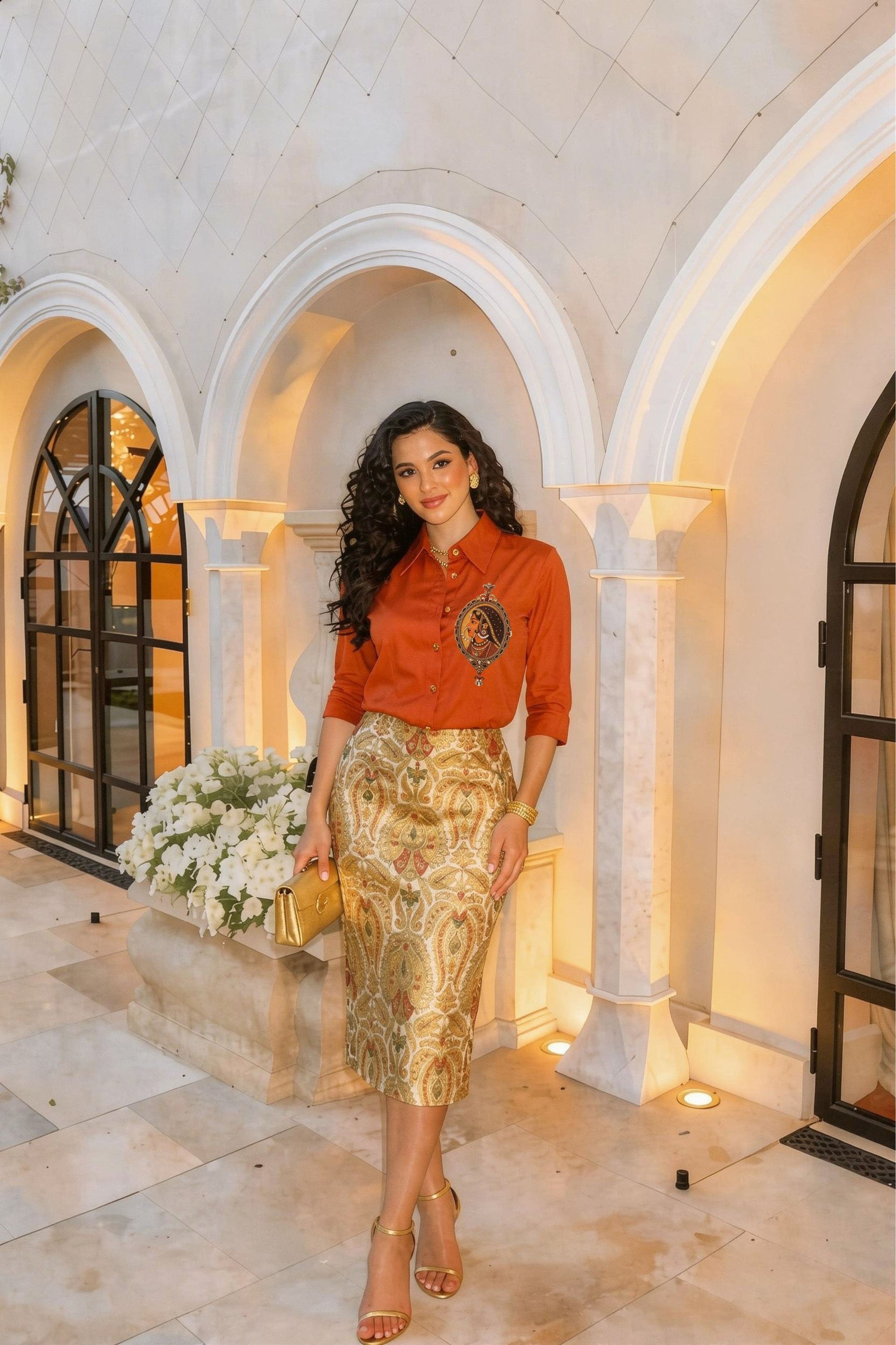 Rust orange Padmini embroidered designer shirt in linen satin with heritage motif for festive and pret styling