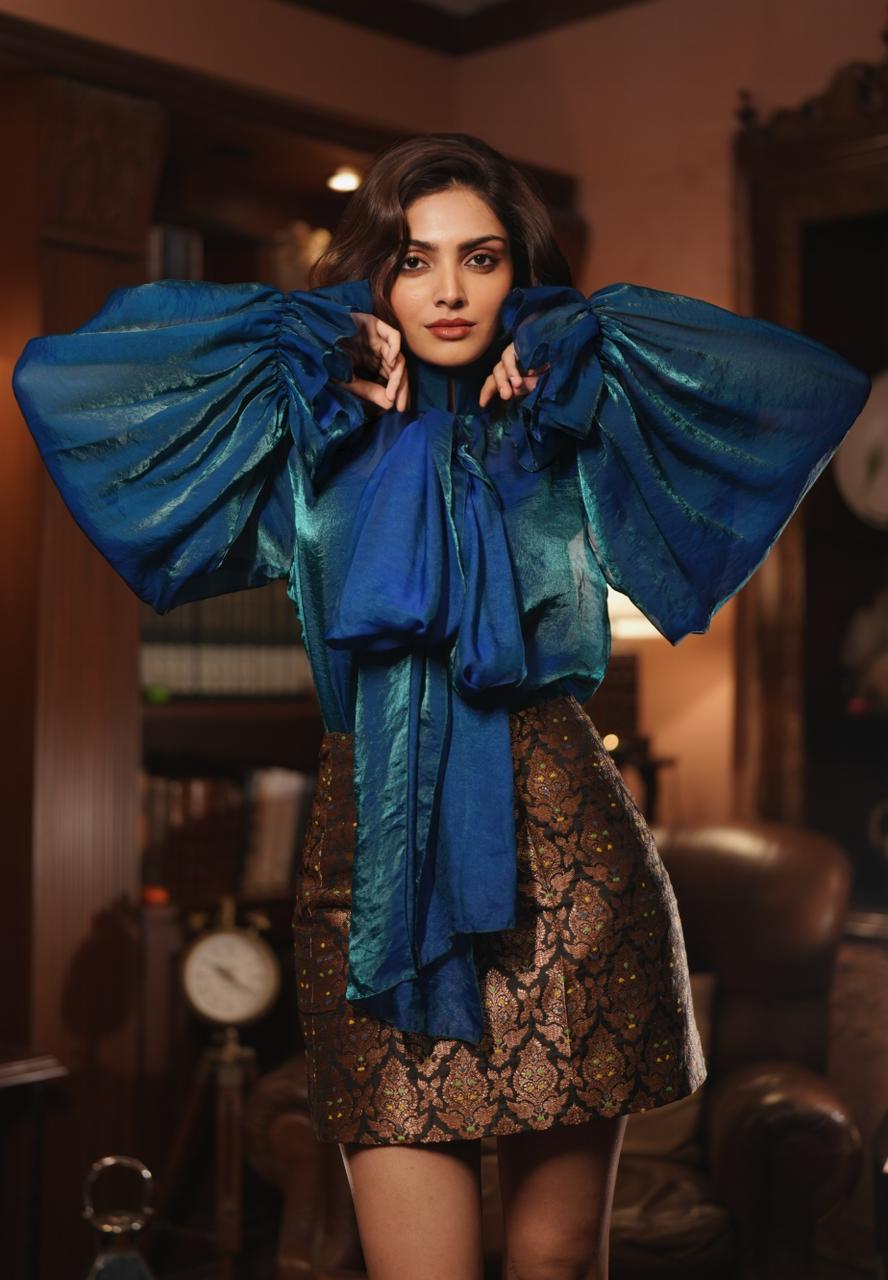 Teal Bow Blouse- Blue Satin Top With Bishop Sleeves For Party Wear