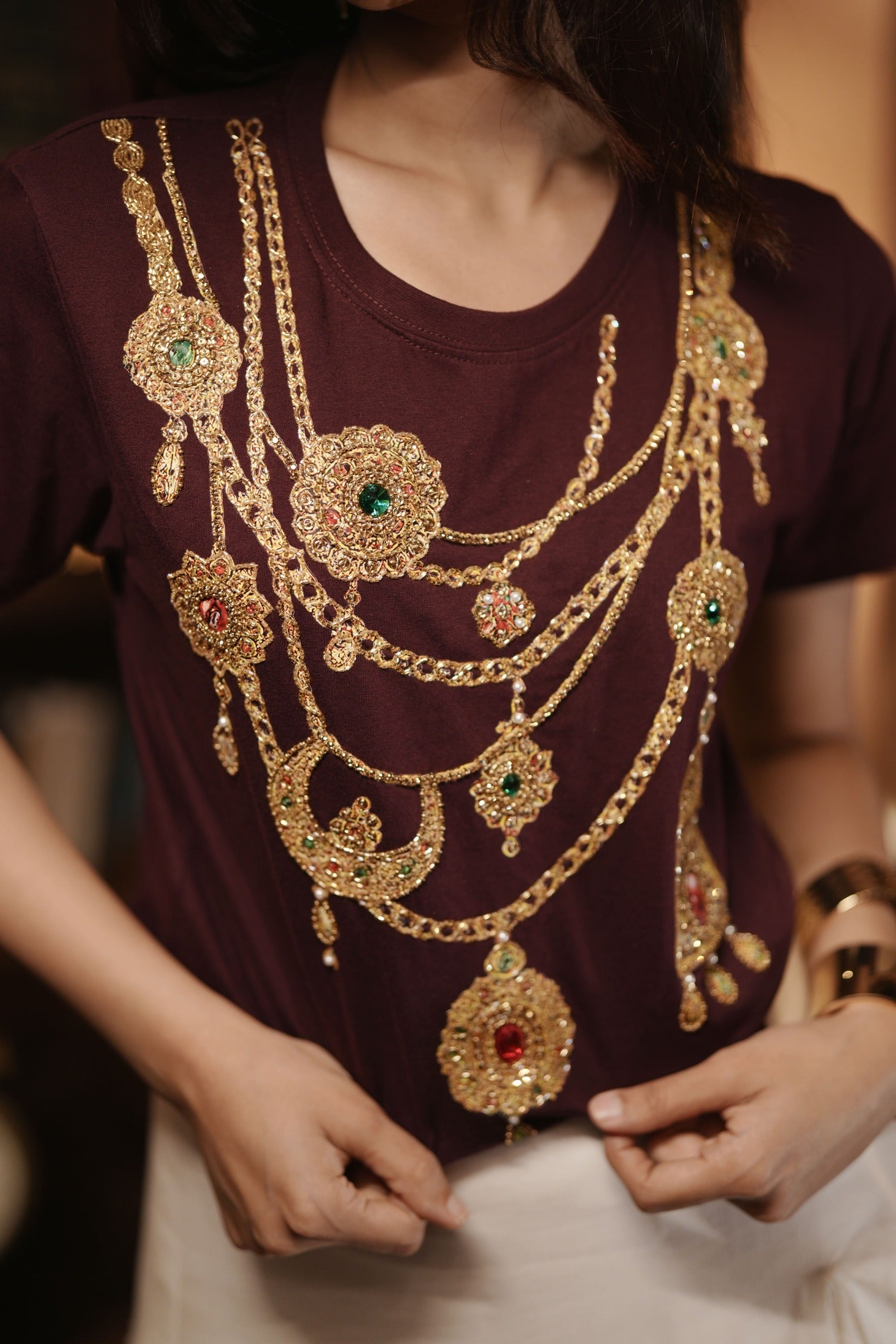 Maroon and gold party t-shirts for women